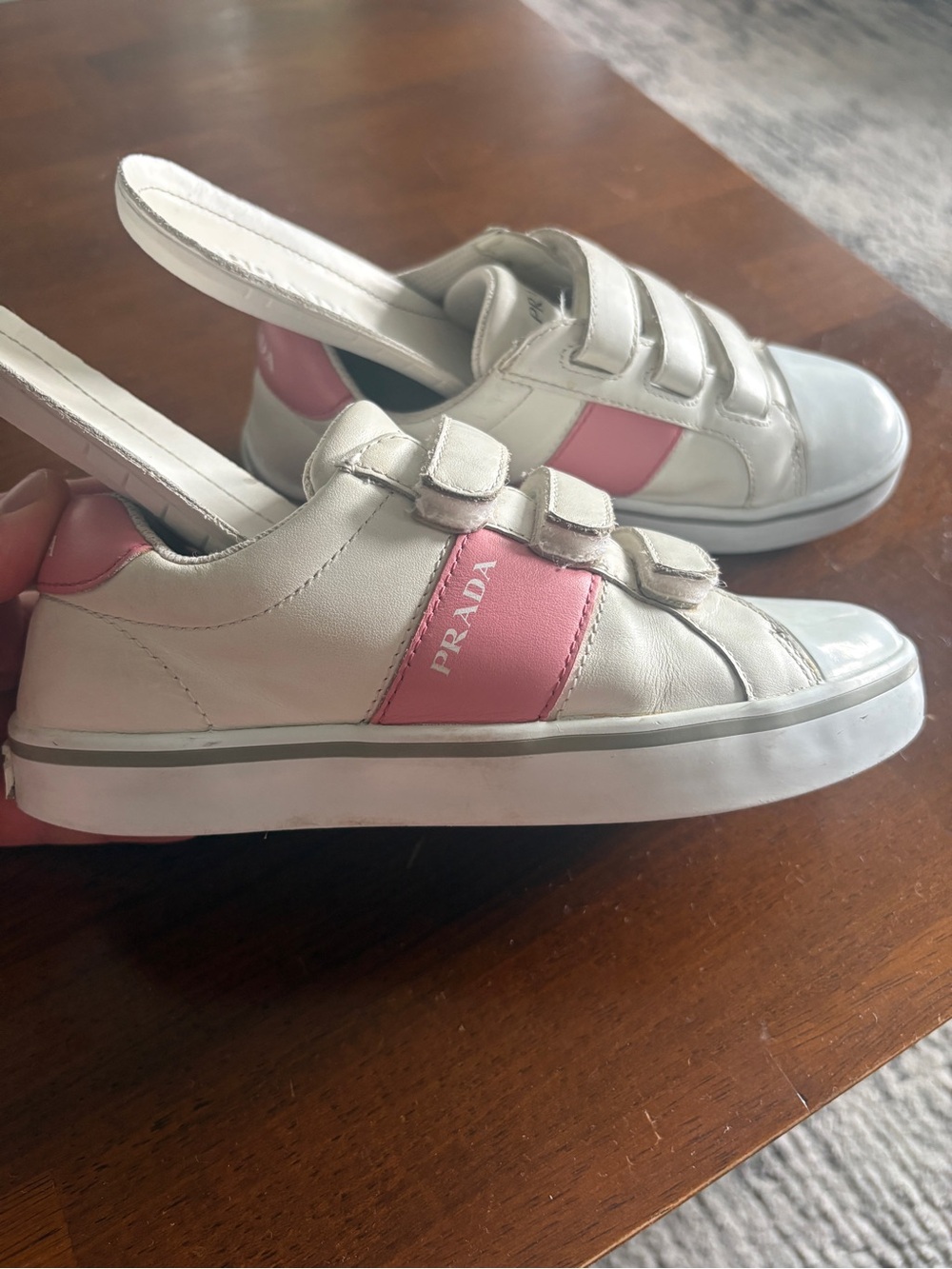 Prada Girls Pink Leather Logo Velcro Sneakers - Picture 2 of 16